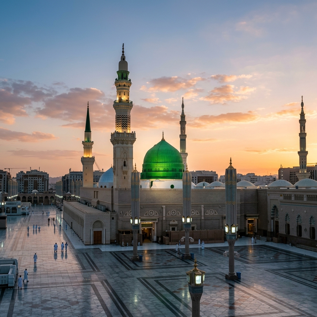 Masjid Nabawi (Madinah) saat fajar dengan kubah hijau