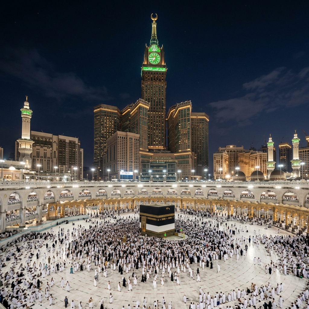 Masjidil Haram malam hari dengan Menara Jam